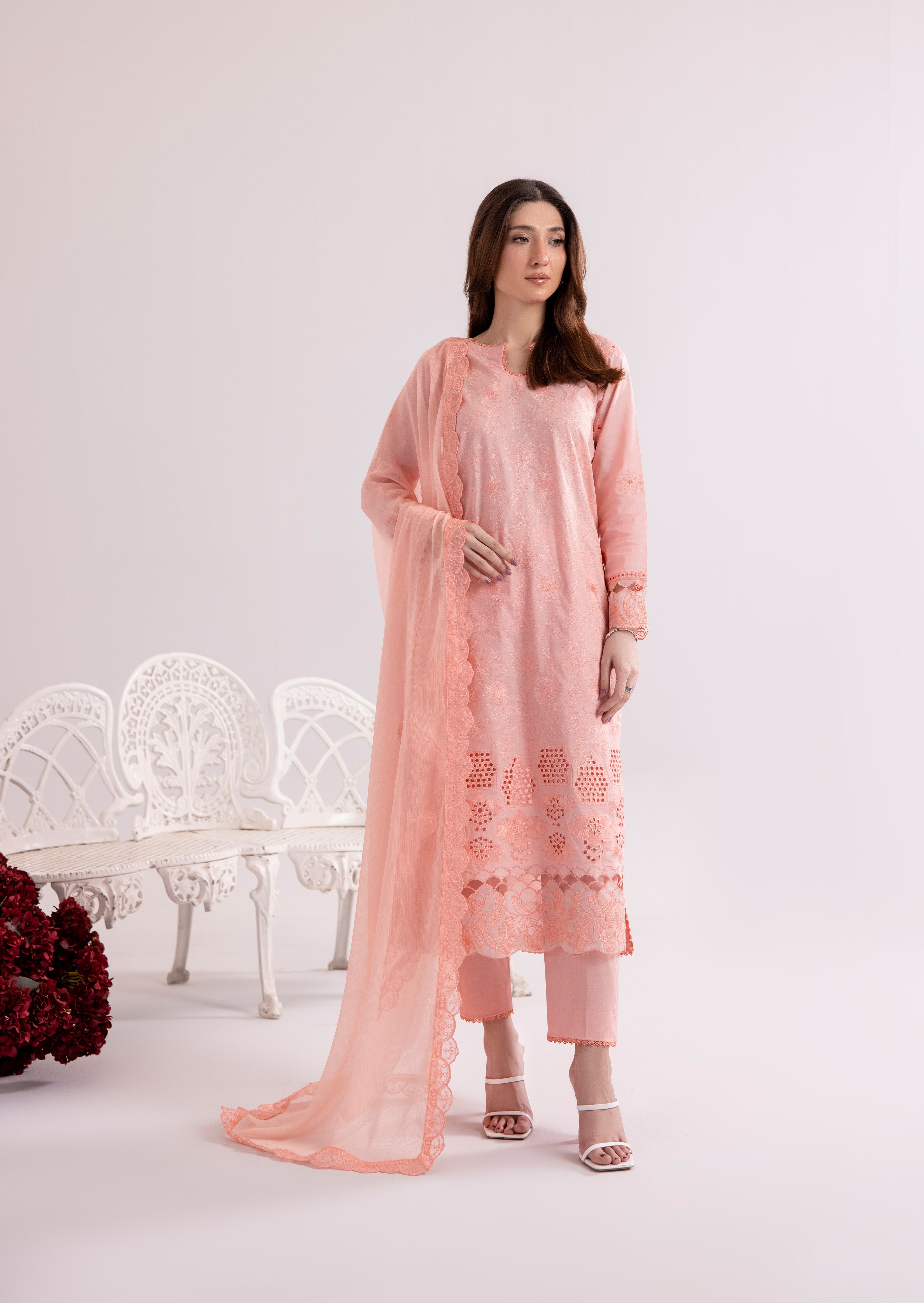Peachy Pink Embroidered 3Pc